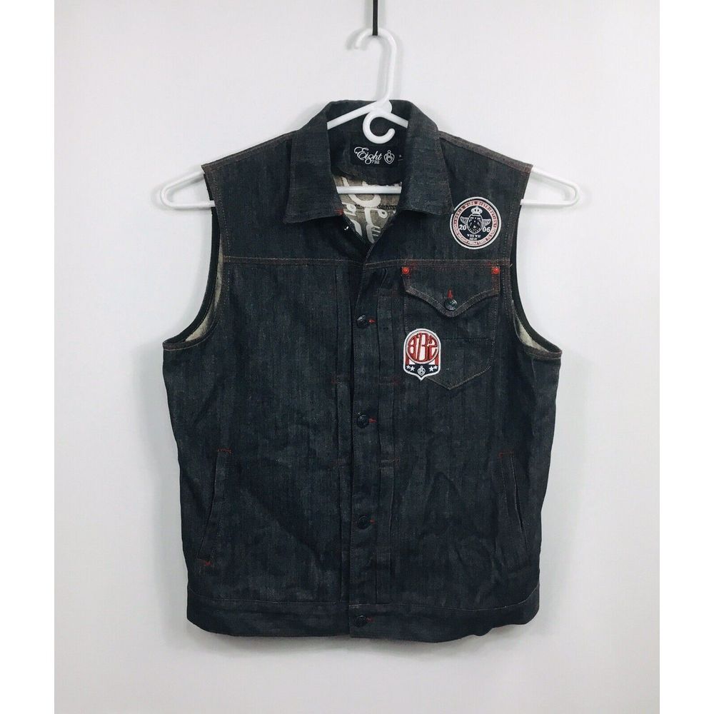 Eight732 Vest Dark Wash denim‎ Jacket Mens Sz XL  Graphic Trucker Hip Hop Biker